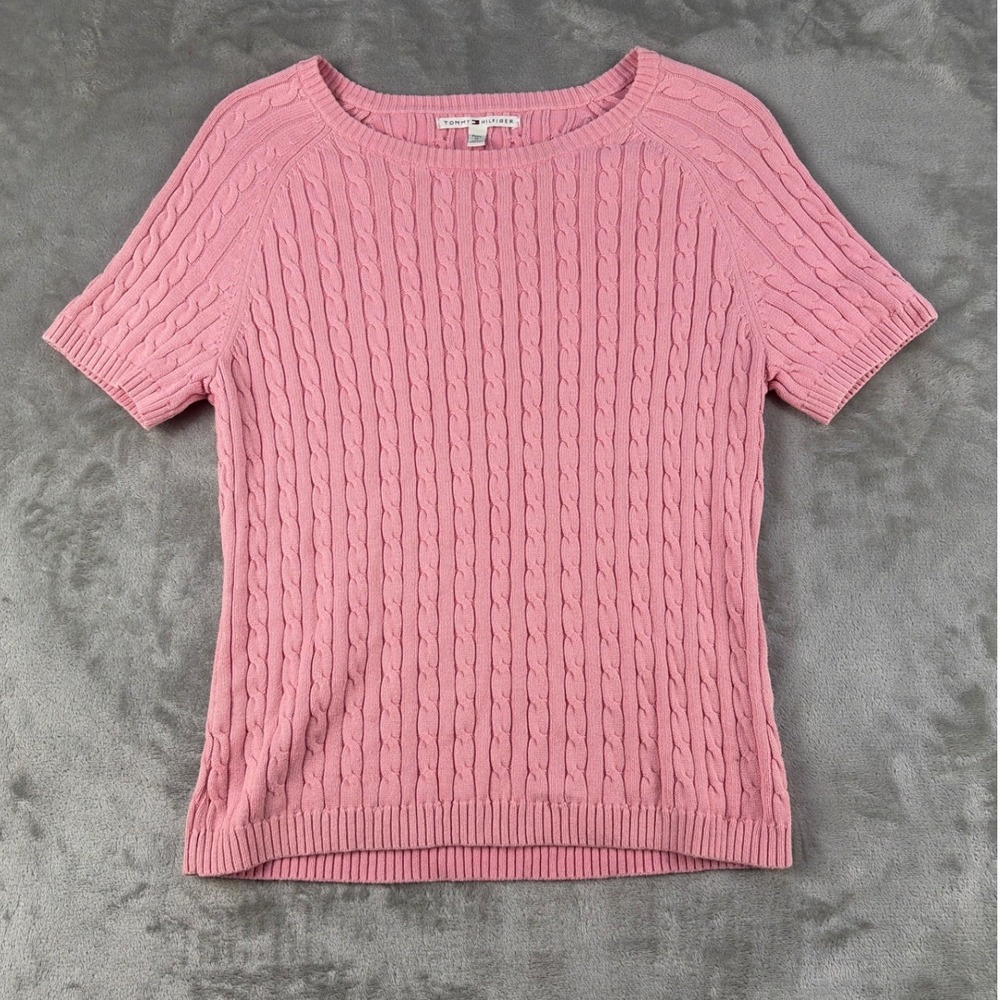 Tommy Hilfiger Pink‎ Cable Knit Short Sleeve Sweater Crew Neck Petite Medium